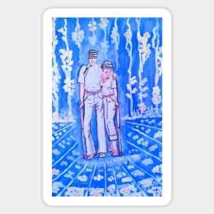 An old couple in the blue garden. Love forever. Sticker